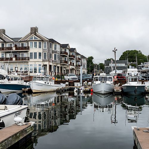 The image shows a marina with various boats docked near a picturesque waterfront town featuring multi-story buildings and overcast skies.