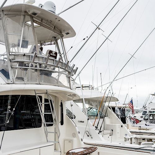 The image shows a marina with several docked boats, including fishing yachts with visible antennas and equipment on their decks, ending the sentence.