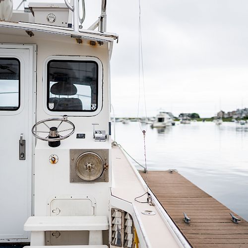 A boat is docked at a marina with a view of still water and distant boats. The boat's cabin and a steering wheel are visible.