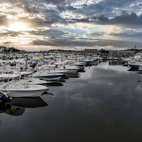 The image shows a marina filled with numerous boats docked along a calm body of water, with a cloudy sky and the sun setting in the background.