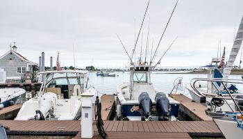 A dock with multiple boats, including fishing boats with rods, on a cloudy day. Flags are in sight, and buildings line the waterfront.