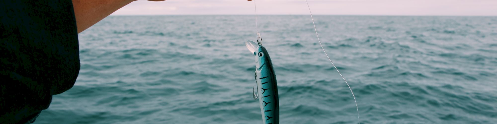 A hand holding a fishing lure above the ocean with cloudy skies in the background.